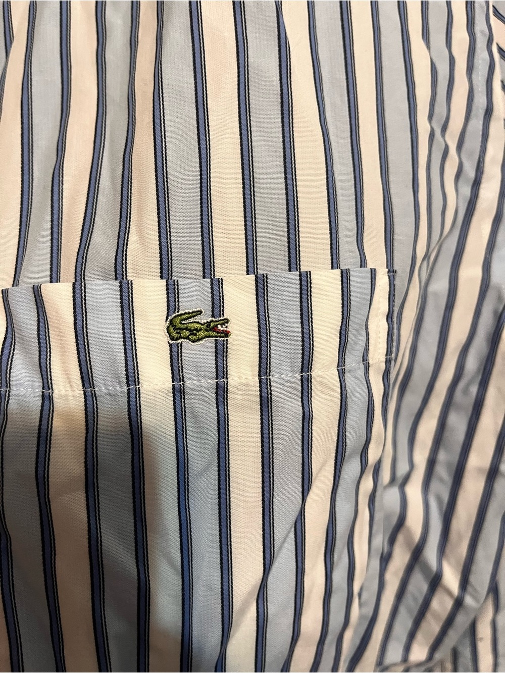 Lacoste Men's Blue and White Vertical-Stripe Short-Sleeve Shirt